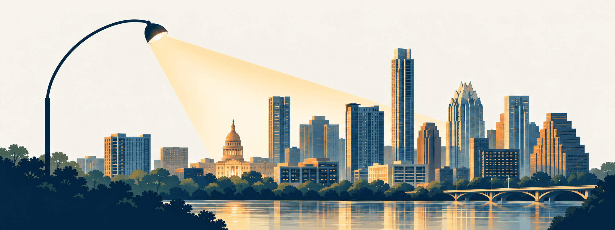 An arc light casts a warm beam across Austin’s skyline and the Texas Capitol.